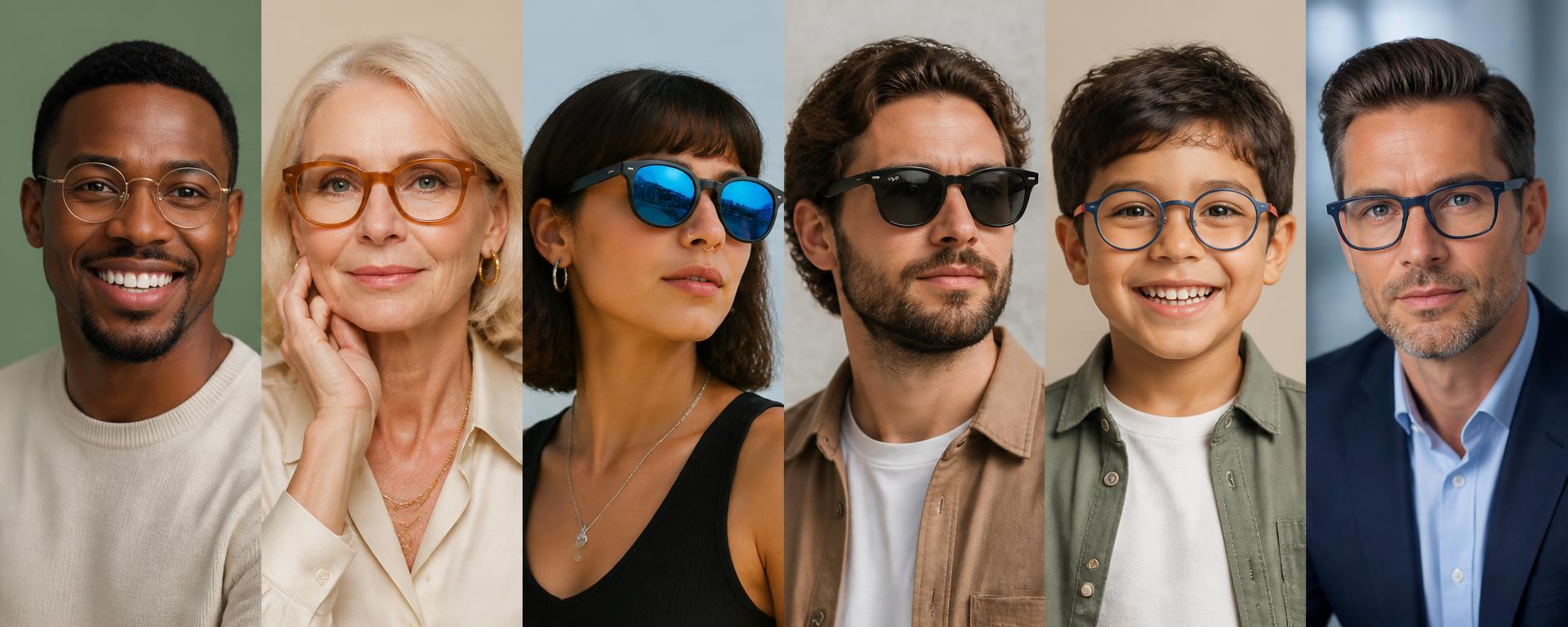 Pessoas de diferentes idades e perfis usando óculos de grau e de sol, incluindo uma criança